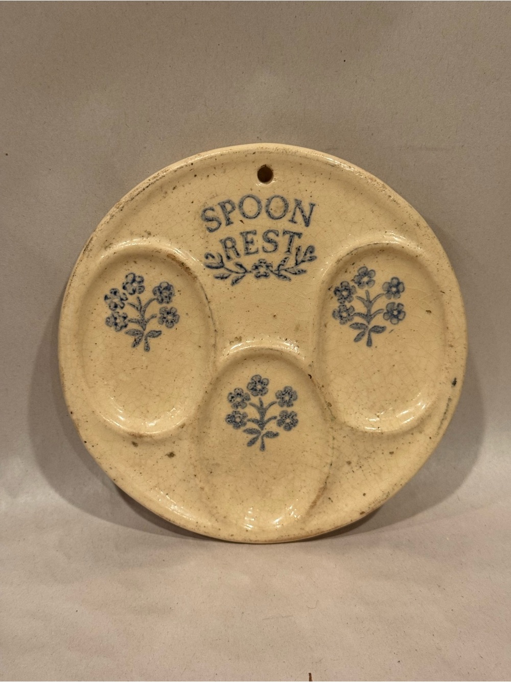 Vintage Spoon Rest Ceramic Tray / Wall Hanging Decor / Cream Blue Floral Accents